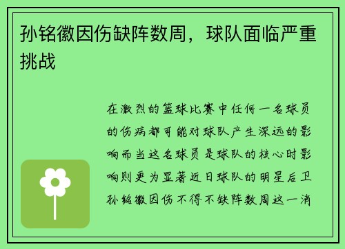 孙铭徽因伤缺阵数周，球队面临严重挑战